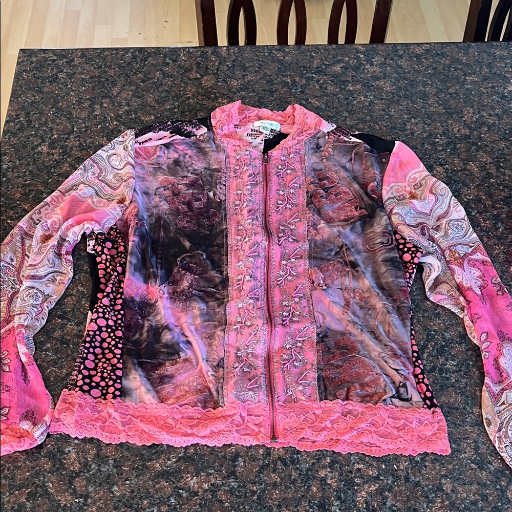 Desigual Pink Multi-Color Embroidered Lace Trim Jacket
